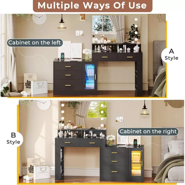 VIAGDO Makeup Vanity Desk with 3Colors Lighted Mirror White Vanity Table with Charging Station 5 Drawers Makeup Desk Dressing Table with Storage Shelves for Bedroom Dressing RoomBlack