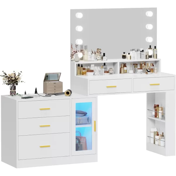 VIAGDO Makeup Vanity Desk with 3Colors Lighted Mirror White Vanity Table with Charging Station 5 Drawers Makeup Desk Dressing Table with Storage Shelves for Bedroom Dressing RoomWhite