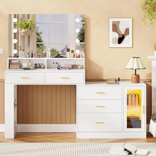 VIAGDO Makeup Vanity Desk with 3Colors Lighted Mirror White Vanity Table with Charging Station 5 Drawers Makeup Desk Dressing Table with Storage Shelves for Bedroom Dressing RoomWhite