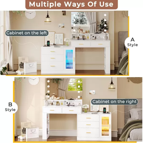 VIAGDO Makeup Vanity Desk with 3Colors Lighted Mirror White Vanity Table with Charging Station 5 Drawers Makeup Desk Dressing Table with Storage Shelves for Bedroom Dressing RoomWhite