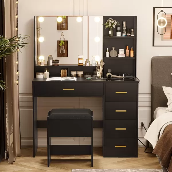 VIAGDO Makeup Vanity Set with Lights ampamp Charging Station Vanity Desk with Mirror and Lights Black Vanity with Cushioned Stool and Drawers Vanity Table for Bedroom Jewelry Box Storage ShelvesBlack
