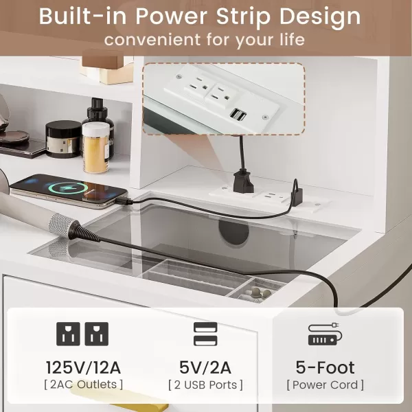 VIAGDO Makeup Vanity Set with Lights ampamp Charging Station Vanity Desk with Mirror and Lights Black Vanity with Cushioned Stool and Drawers Vanity Table for Bedroom Jewelry Box Storage ShelvesWhite