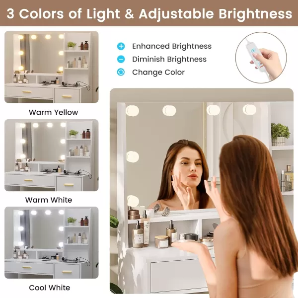 VIAGDO Makeup Vanity Set with Lights ampamp Charging Station Vanity Desk with Mirror and Lights Black Vanity with Cushioned Stool and Drawers Vanity Table for Bedroom Jewelry Box Storage ShelvesWhite