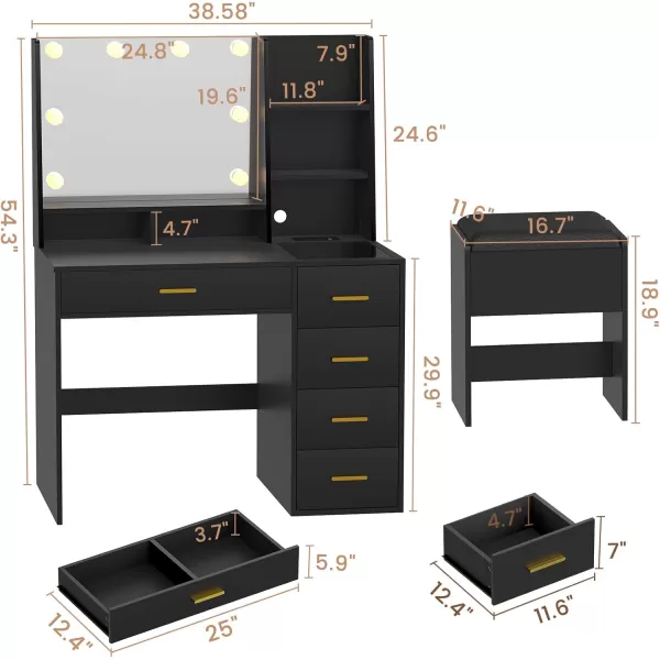 VIAGDO Makeup Vanity Set with Lights ampamp Charging Station Vanity Desk with Mirror and Lights Black Vanity with Cushioned Stool and Drawers Vanity Table for Bedroom Jewelry Box Storage ShelvesBlack
