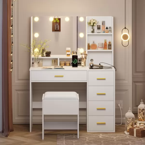 VIAGDO Makeup Vanity Set with Lights ampamp Charging Station Vanity Desk with Mirror and Lights Black Vanity with Cushioned Stool and Drawers Vanity Table for Bedroom Jewelry Box Storage ShelvesWhite