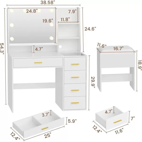 VIAGDO Makeup Vanity Set with Lights ampamp Charging Station Vanity Desk with Mirror and Lights Black Vanity with Cushioned Stool and Drawers Vanity Table for Bedroom Jewelry Box Storage ShelvesWhite