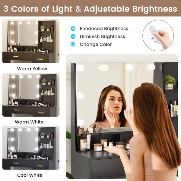 VIAGDO Makeup Vanity Set with Lights ampamp Charging Station Vanity Desk with Mirror and Lights Black Vanity with Cushioned Stool and Drawers Vanity Table for Bedroom Jewelry Box Storage ShelvesBlack