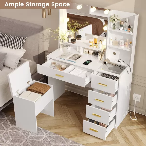 VIAGDO Makeup Vanity Set with Lights ampamp Charging Station Vanity Desk with Mirror and Lights Black Vanity with Cushioned Stool and Drawers Vanity Table for Bedroom Jewelry Box Storage ShelvesWhite