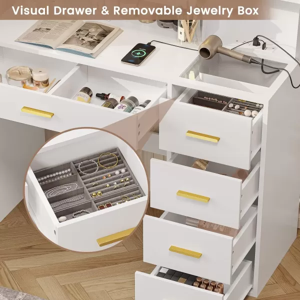 VIAGDO Makeup Vanity Set with Lights ampamp Charging Station Vanity Desk with Mirror and Lights Black Vanity with Cushioned Stool and Drawers Vanity Table for Bedroom Jewelry Box Storage ShelvesWhite