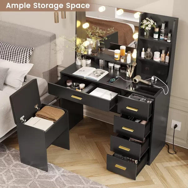 VIAGDO Makeup Vanity Set with Lights ampamp Charging Station Vanity Desk with Mirror and Lights Black Vanity with Cushioned Stool and Drawers Vanity Table for Bedroom Jewelry Box Storage ShelvesBlack
