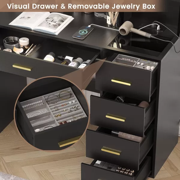 VIAGDO Makeup Vanity Set with Lights ampamp Charging Station Vanity Desk with Mirror and Lights Black Vanity with Cushioned Stool and Drawers Vanity Table for Bedroom Jewelry Box Storage ShelvesBlack