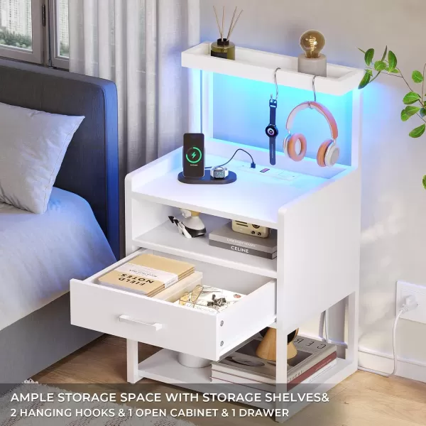 VIAGDO Night Stand Set 2 with Charging Station and LED Lights Black Night Stand with Drawer Modern End Side Table with Open Storage Shelves Bedside Tables for Bedroom OfficeWhite