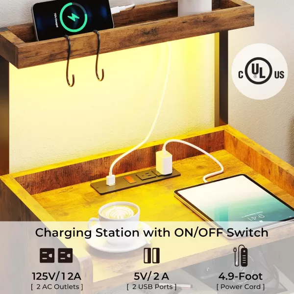 VIAGDO Night Stand Set 2 with Charging Station and LED Lights Black Night Stand with Drawer Modern End Side Table with Open Storage Shelves Bedside Tables for Bedroom OfficeRustic Brown
