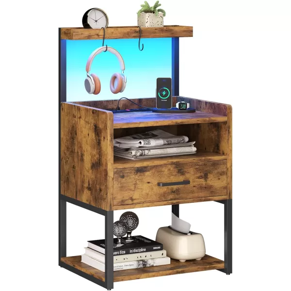 VIAGDO Night Stand Set 2 with Charging Station and LED Lights Black Night Stand with Drawer Modern End Side Table with Open Storage Shelves Bedside Tables for Bedroom OfficeRustic Brown