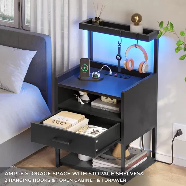 VIAGDO Night Stand Set 2 with Charging Station and LED Lights Black Night Stand with Drawer Modern End Side Table with Open Storage Shelves Bedside Tables for Bedroom OfficeBlack