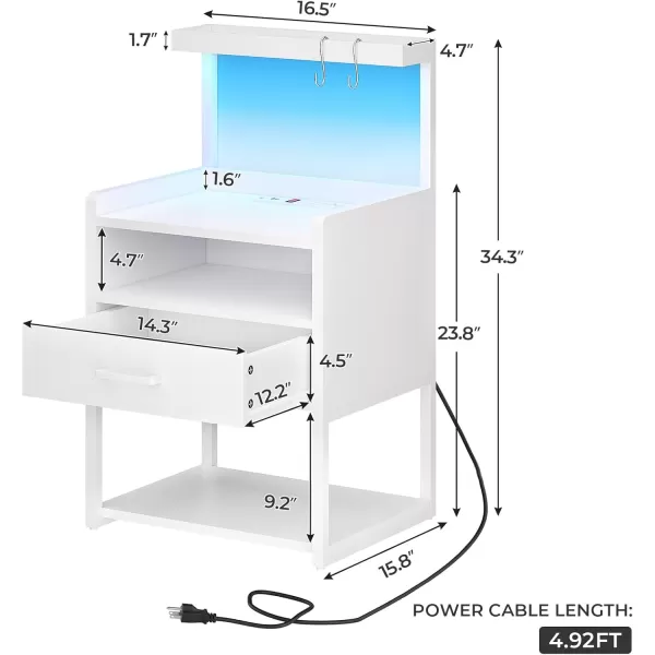 VIAGDO Night Stand Set 2 with Charging Station and LED Lights Black Night Stand with Drawer Modern End Side Table with Open Storage Shelves Bedside Tables for Bedroom OfficeWhite