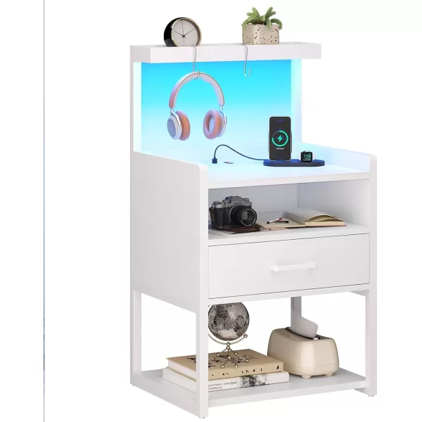 VIAGDO Night Stand Set 2 with Charging Station and LED Lights Black Night Stand with Drawer Modern End Side Table with Open Storage Shelves Bedside Tables for Bedroom OfficeWhite