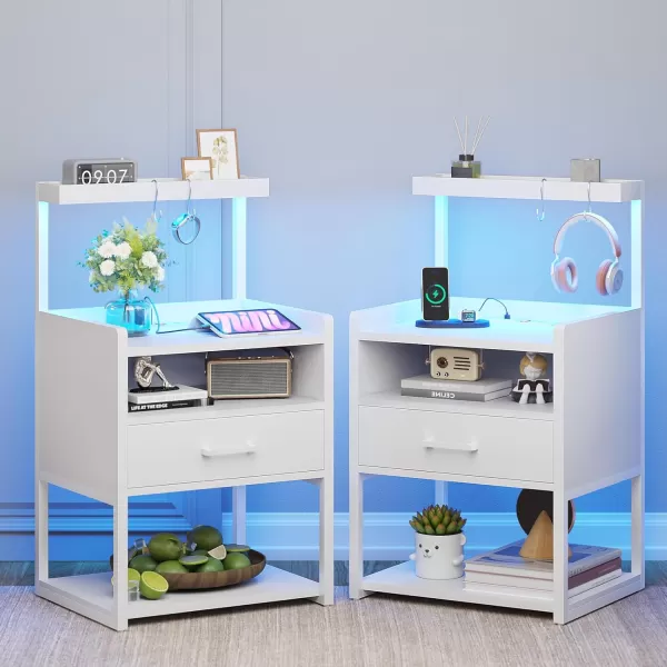 VIAGDO Night Stand Set 2 with Charging Station and LED Lights Black Night Stand with Drawer Modern End Side Table with Open Storage Shelves Bedside Tables for Bedroom OfficeWhite