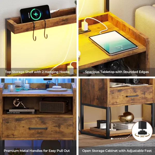 VIAGDO Night Stand Set 2 with Charging Station and LED Lights Black Night Stand with Drawer Modern End Side Table with Open Storage Shelves Bedside Tables for Bedroom OfficeRustic Brown