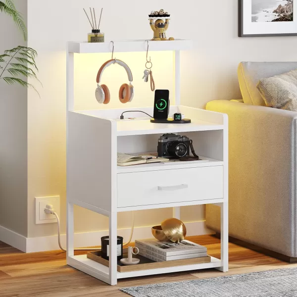 VIAGDO Night Stand Set 2 with Charging Station and LED Lights Black Night Stand with Drawer Modern End Side Table with Open Storage Shelves Bedside Tables for Bedroom OfficeWhite