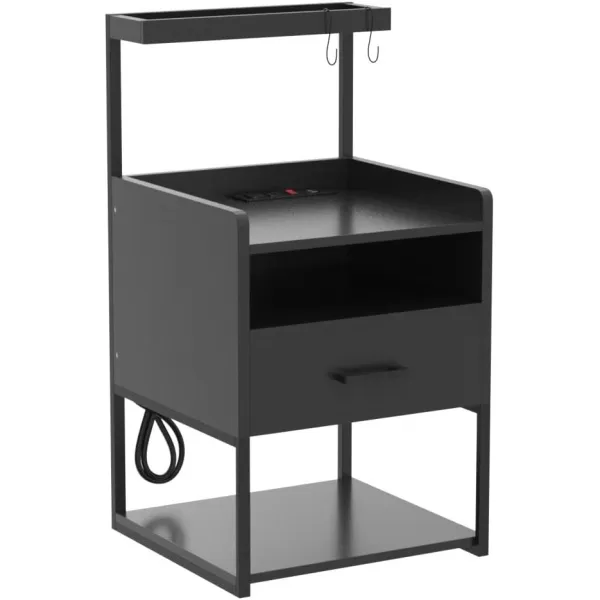VIAGDO Night Stand Set 2 with Charging Station and LED Lights Black Night Stand with Drawer Modern End Side Table with Open Storage Shelves Bedside Tables for Bedroom OfficeBlack
