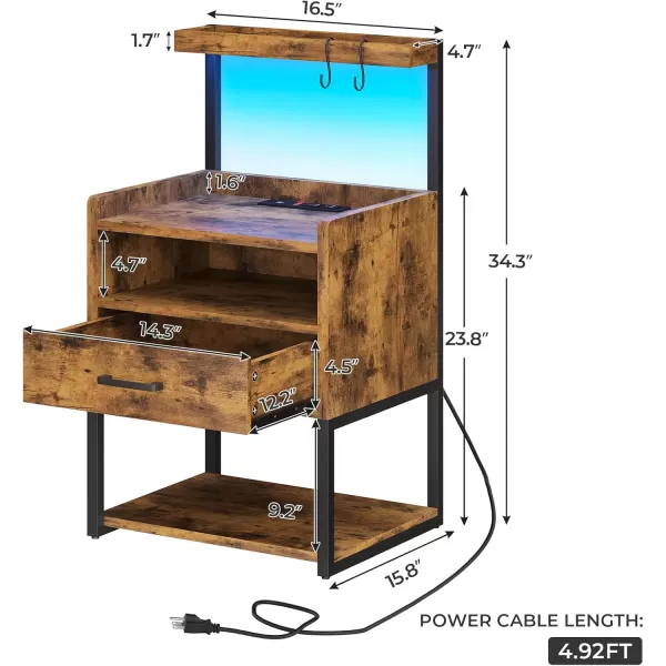 VIAGDO Night Stand Set 2 with Charging Station and LED Lights Black Night Stand with Drawer Modern End Side Table with Open Storage Shelves Bedside Tables for Bedroom OfficeRustic Brown