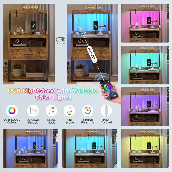 VIAGDO Night Stand Set 2 with Charging Station and LED Lights Black Night Stand with Drawer Modern End Side Table with Open Storage Shelves Bedside Tables for Bedroom OfficeRustic Brown