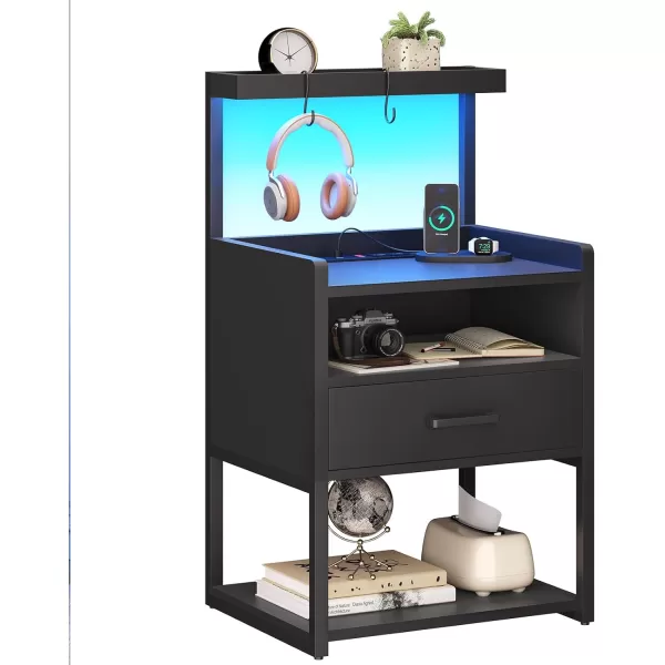 VIAGDO Night Stand Set 2 with Charging Station and LED Lights Black Night Stand with Drawer Modern End Side Table with Open Storage Shelves Bedside Tables for Bedroom OfficeBlack