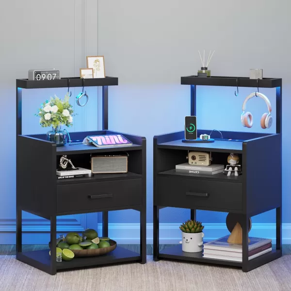 VIAGDO Night Stand Set 2 with Charging Station and LED Lights Black Night Stand with Drawer Modern End Side Table with Open Storage Shelves Bedside Tables for Bedroom OfficeBlack