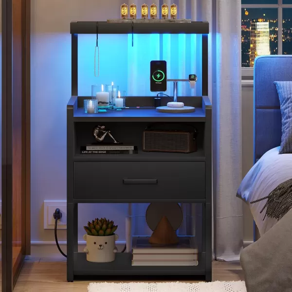 VIAGDO Night Stand Set 2 with Charging Station and LED Lights Black Night Stand with Drawer Modern End Side Table with Open Storage Shelves Bedside Tables for Bedroom OfficeBlack