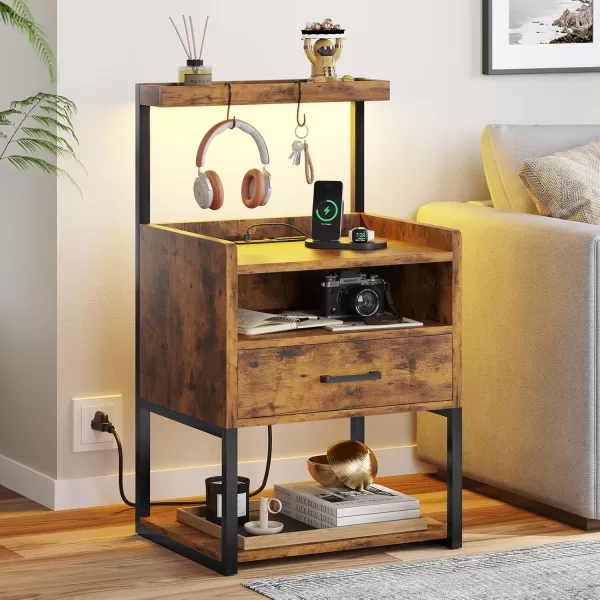 VIAGDO Night Stand Set 2 with Charging Station and LED Lights Black Night Stand with Drawer Modern End Side Table with Open Storage Shelves Bedside Tables for Bedroom OfficeRustic Brown