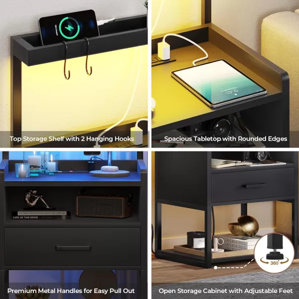 VIAGDO Night Stand Set 2 with Charging Station and LED Lights Black Night Stand with Drawer Modern End Side Table with Open Storage Shelves Bedside Tables for Bedroom OfficeBlack