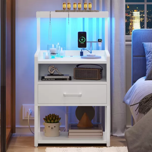 VIAGDO Night Stand Set 2 with Charging Station and LED Lights Black Night Stand with Drawer Modern End Side Table with Open Storage Shelves Bedside Tables for Bedroom OfficeWhite