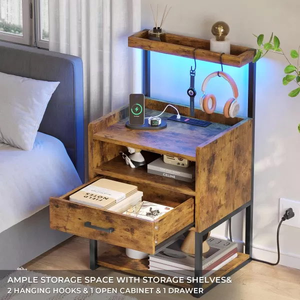 VIAGDO Night Stand Set 2 with Charging Station and LED Lights Black Night Stand with Drawer Modern End Side Table with Open Storage Shelves Bedside Tables for Bedroom OfficeRustic Brown