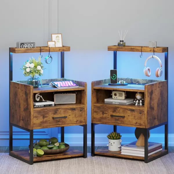 VIAGDO Night Stand Set 2 with Charging Station and LED Lights Black Night Stand with Drawer Modern End Side Table with Open Storage Shelves Bedside Tables for Bedroom OfficeRustic Brown