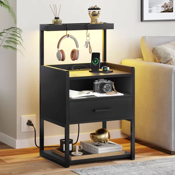 VIAGDO Night Stand Set 2 with Charging Station and LED Lights Black Night Stand with Drawer Modern End Side Table with Open Storage Shelves Bedside Tables for Bedroom OfficeBlack