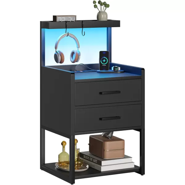 VIAGDO Nightstand with Charging Station and LED Lights White Bedside Night Stands with 2 Drawers and Open Storage Shelves Modern End Side Tables for Bedroom OfficeBlack