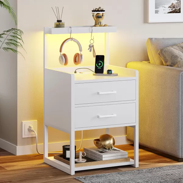 VIAGDO Nightstand with Charging Station and LED Lights White Bedside Night Stands with 2 Drawers and Open Storage Shelves Modern End Side Tables for Bedroom OfficeWhite