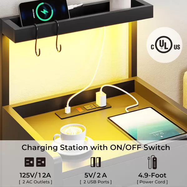 VIAGDO Nightstand with Charging Station and LED Lights White Bedside Night Stands with 2 Drawers and Open Storage Shelves Modern End Side Tables for Bedroom OfficeBlack
