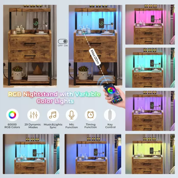 VIAGDO Nightstand with Charging Station and LED Lights White Bedside Night Stands with 2 Drawers and Open Storage Shelves Modern End Side Tables for Bedroom OfficeRustic Brown