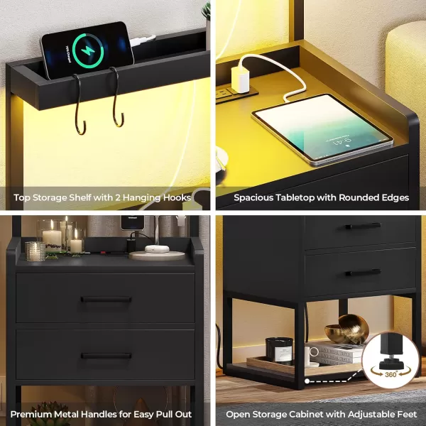 VIAGDO Nightstand with Charging Station and LED Lights White Bedside Night Stands with 2 Drawers and Open Storage Shelves Modern End Side Tables for Bedroom OfficeBlack