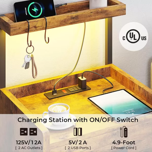 VIAGDO Nightstand with Charging Station and LED Lights White Bedside Night Stands with 2 Drawers and Open Storage Shelves Modern End Side Tables for Bedroom OfficeRustic Brown