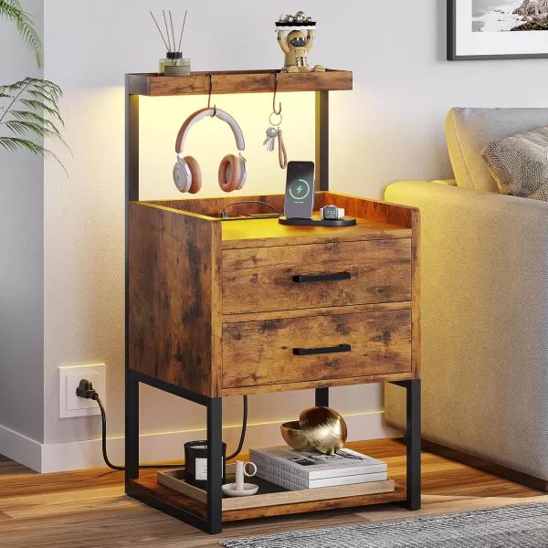 VIAGDO Nightstand with Charging Station and LED Lights White Bedside Night Stands with 2 Drawers and Open Storage Shelves Modern End Side Tables for Bedroom OfficeRustic Brown