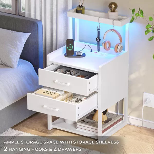 VIAGDO Nightstand with Charging Station and LED Lights White Bedside Night Stands with 2 Drawers and Open Storage Shelves Modern End Side Tables for Bedroom OfficeWhite