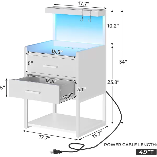 VIAGDO Nightstand with Charging Station and LED Lights White Bedside Night Stands with 2 Drawers and Open Storage Shelves Modern End Side Tables for Bedroom OfficeWhite