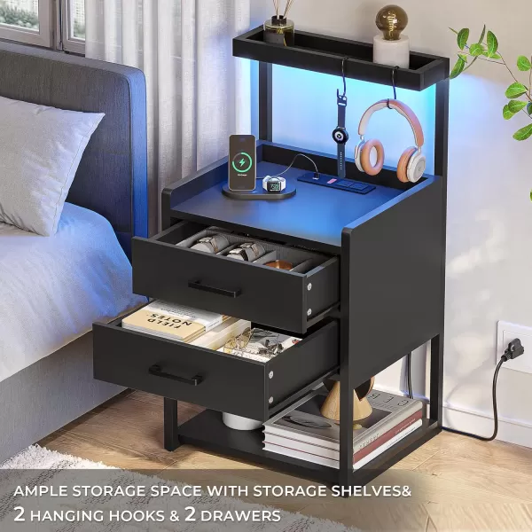 VIAGDO Nightstand with Charging Station and LED Lights White Bedside Night Stands with 2 Drawers and Open Storage Shelves Modern End Side Tables for Bedroom OfficeBlack