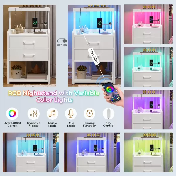 VIAGDO Nightstand with Charging Station and LED Lights White Bedside Night Stands with 2 Drawers and Open Storage Shelves Modern End Side Tables for Bedroom OfficeWhite