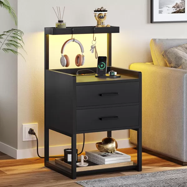 VIAGDO Nightstand with Charging Station and LED Lights White Bedside Night Stands with 2 Drawers and Open Storage Shelves Modern End Side Tables for Bedroom OfficeBlack