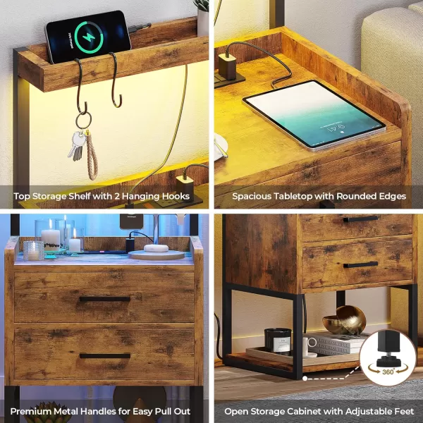 VIAGDO Nightstand with Charging Station and LED Lights White Bedside Night Stands with 2 Drawers and Open Storage Shelves Modern End Side Tables for Bedroom OfficeRustic Brown