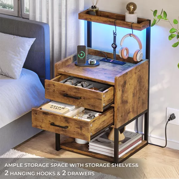 VIAGDO Nightstand with Charging Station and LED Lights White Bedside Night Stands with 2 Drawers and Open Storage Shelves Modern End Side Tables for Bedroom OfficeRustic Brown